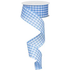1.5 Inch Lt. Blue and White Gingham Check Wired Ribbon, 10 Yards Per Spool (Lot of 1 Spool) SALE ITEM